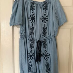 Blue Off-Shoulder Romper with Navy Embroidery